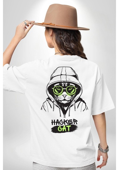 Hacker Kedi Bilgisayar Korsanı Yeşil Gözlük Beyaz Oversize Unisex Ön Ve Sırt Baskılı Tişört Beyaz