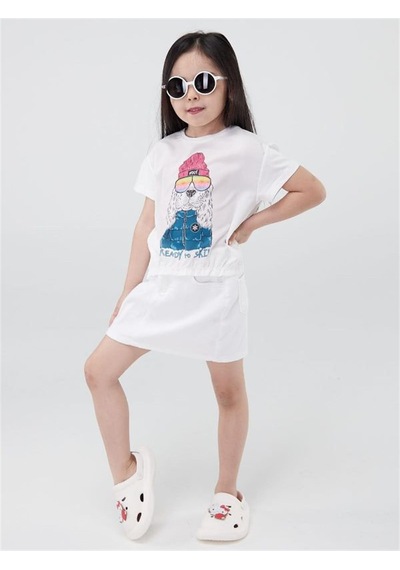 Escabel Kız Çocuk Pamuklu Köpek Baskılı Tshirt-12882 Krem