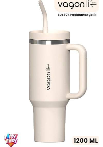 Tumbler Quencher Cup 1200 Ml Pipetli Rahat İçim Kulplu Sus304 Paslanmaz Çelik 1.2l Termos 1103-1200ml Krem