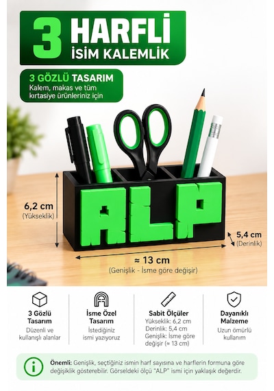Miinecraft Temalı İsimli Kalemlik Kişiye Özel İsme Özel Üretim, Çok Gözlü Kalemlik 3 Harfli İsim Tasarımı