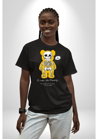 Mutlu Ol Pamuklu Bisiklet Yaka Unisex Oversize Boyfriend Dijital Baskılı Siyah T-shirt Siyah