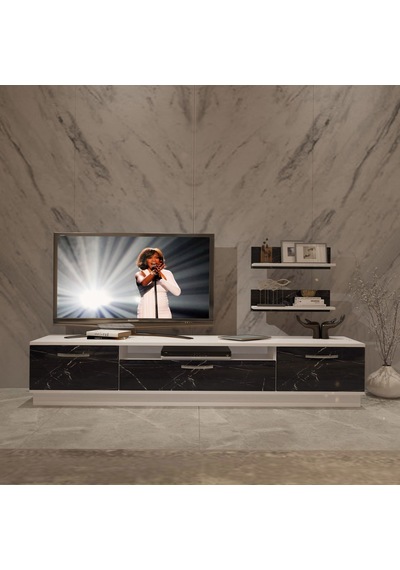 Decoraktiv Trio 4s Mdf Tv Ünitesi Tv Sehpası Beyaz - Siyah Mermer