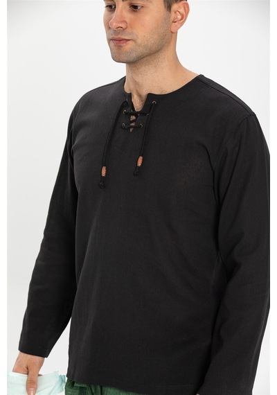 Büyük Beden Şile Bezi Uzun Kol Zımbalı Erkek Tshirt Siyah 3003