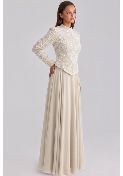 Olcay Pul Ve İnci İşlemeli Şifon Kombinli Büyük Beden Exclusive Tesettür Abiye Elbise Krem 1099 Olcay Pul Ve İnci İşlemeli Şifon Kombinli Büyük Beden Exclusive Tesettür Abiye Elbise Krem 1099