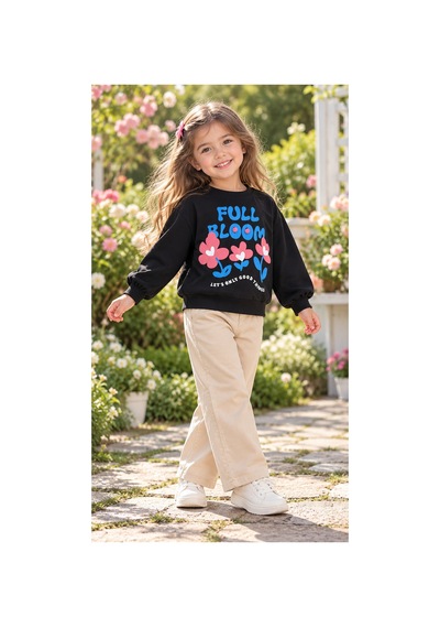 Messlife Full Bloom Çiçek Baskılı Siyah Kız Çocuk Sweatshirt Siyah - 929241242 Siyah