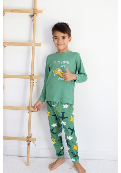 Harika Kids Erkek Çocuk Baskılı İnterlok Kumaş Uzun Kollu Pijama Takımı Yeşil