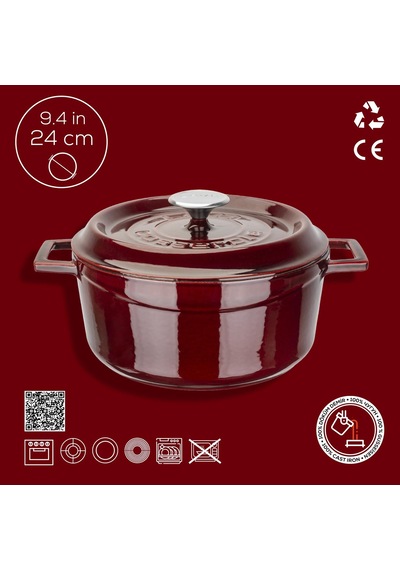 Lava Döküm Yuvarlak Tencere Döküm Demir Yekpare Kulplu Premium Serisi Çap Ø 24cm. Kırmızı
