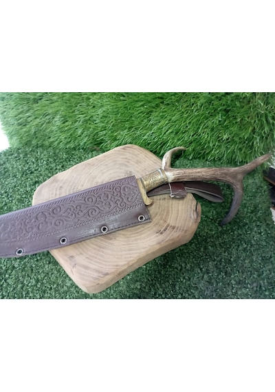Tctknives Damascus Serisi El Yapımı Av Kamp Bıçağı Boynuz Kabzeli 0000 Kahverengi