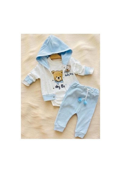 Minicayzen %100 Pamuk Kapüşonlu Hırka Pantolon Body 3'lü Erkek Bebek Takımı Mavi Mavi