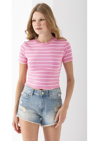 Giysa Kadın Bisiklet Yaka Çizgili Pamuklu Crop T-shirt Pembe Beyaz - 25512 Pembe - Beyaz