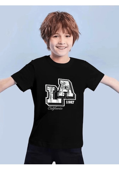 Uyguntarz Çocuk Losangles Baskılı Pamuklu Tshirt Siyah