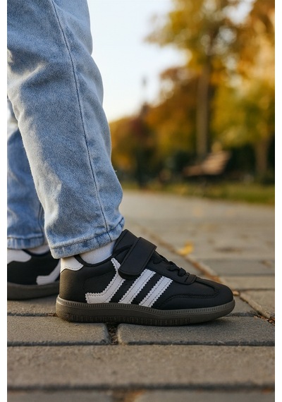 Günlük Unisex Çocuk Sneaker Bağcıklı Hafif Kaymaz Taban Ayakkabı SİYAH-BEYAZ