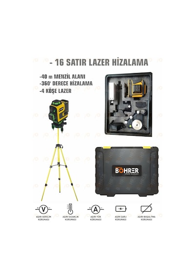 Böhrer Bh16stt Profesyonel 2x Li-on Batarya 4x360 16 Satır Otomatik Hizalama Çapraz Çizgi Lazer + Kumanda+tripod