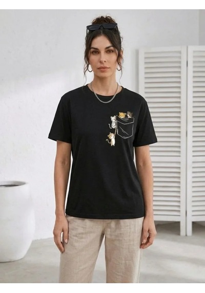 Efnaz Style Sevimli Kedi Cep Baskılı Tişört Kısa Kol Yazlık T-shirt - Siyah