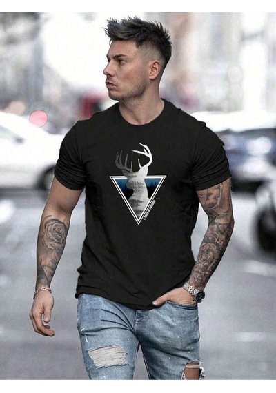 Freedom Geyik T-shirt - Siyah Baskılı Oversize Bisiklet Yaka Kısa Kol Tişört Siyah