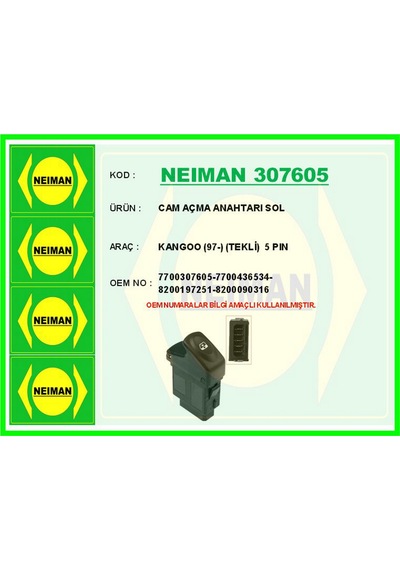 Cam Açma Anahtarı Sol Renault Goo 97- Tekli Gldısptm - 98 5 Pin