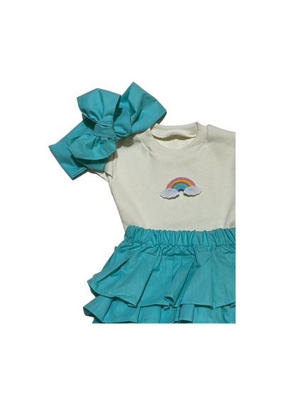 Özge Başaran Kız Bebek Mint Fırfırlı Şortlu Etek, Kolsuz Bluz, Gökkuşağı Figürlü Çorap Fiyonklu Mint