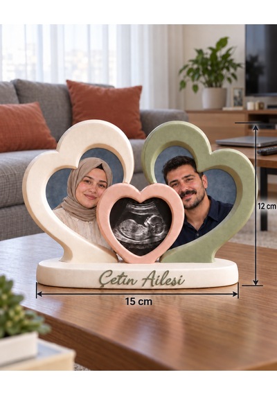 Sehmira Kişiye Özel Üç Kalpli Aile Fotoğraf Çerçevesi Beyaz - Pembe