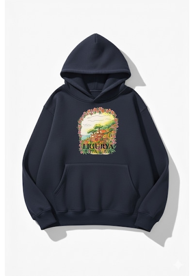 Uyguntarz Unisex Yumuşak Dokulu Italy Ligurya Baskılı Tasarım Oversize 3 İplik Hoodie Sweatshirt Indigo