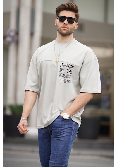 Madmext Boyalı Gri Oversize Baskılı Erkek Tişört 6193-boyalı Gri Boyalı Gri