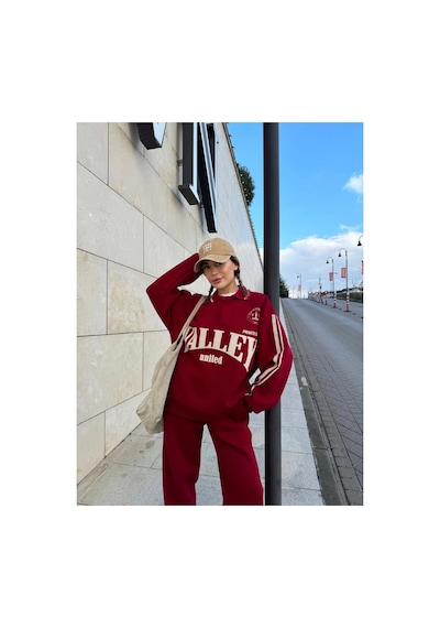 Kadın 3 İplik Pamuklu Yakalı Sweat Baggy Pantolonlu Takım - Bordo