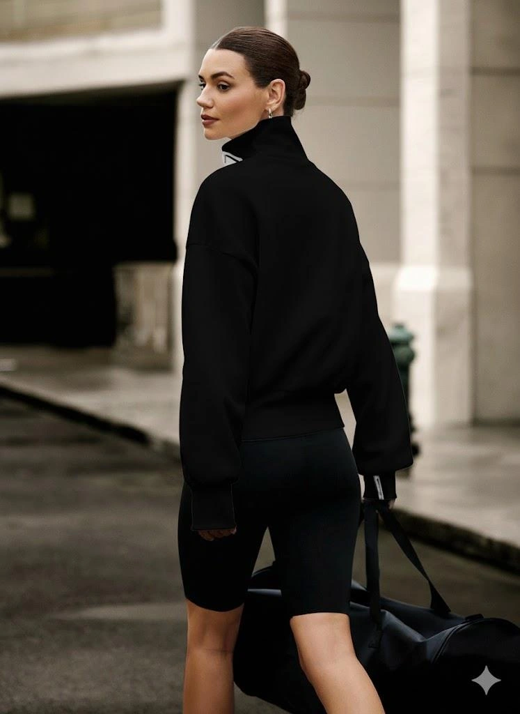 Afri Siyah Kadın Yüksek Yaka Komple Fermuarlı Sweatshirt Spor Ve Günlük Şık Oversize Model Siyah