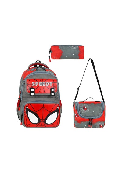 Speedy İlkokul Çantası 3'lü Set 40 30 Cm Beslenme Çantası Kalem Kutusu Ortopedik Örümcek Adam Gri