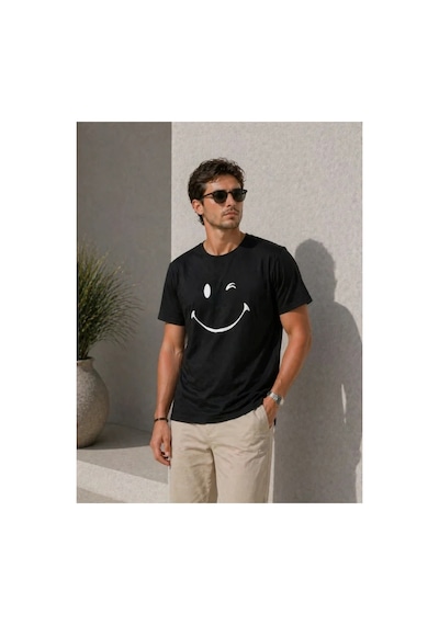 Butik İstanbul Erkek Minimal Gülümseyen Yüz Baskılı Tişört Kısa Kol Yazlık T-shirt - Siyah