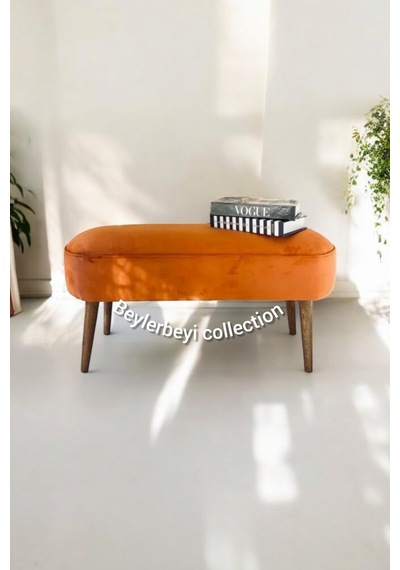 Retro Gürgen Ceviz Renk Ahşap Ayaklı Geniş Oturum Alanlı Özel Tasarım Oval Bench Turuncu Turuncu