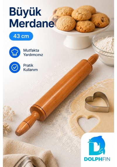 Büyük Boy Ahşap Merdane 43 Cm Çift Saplı Hamur Açma Oklavası