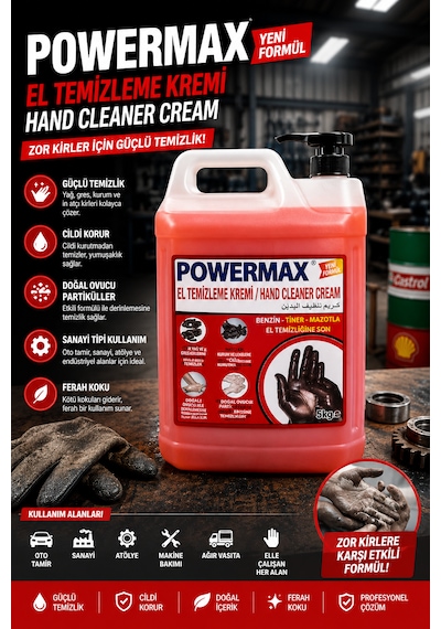 Powermax Sanayi Tipi El Temizleme Kremi 5l Ağır Kir Ve Yağ Temizliğinde Etkili