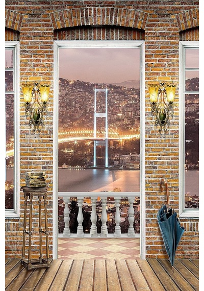 Tuğla Duvarlı İstanbul Boğazı Manzaralı 3d Teras Tekstil Duvar Kağıdı, 100 X 100 Diğer
