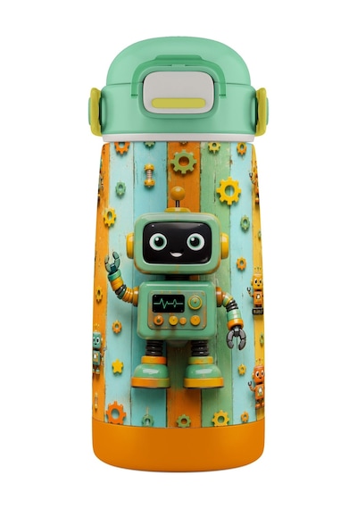 Puccon 420 Ml Erkek Çocuk Yeşil Robot Baskılı Okul Matarası/termosu - 60016 - Sevimli Robotlar