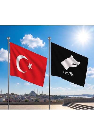 Siyah Beyaz Türk Yazılı Göktürk Bayrağı Ve Alpaka Kumaş Türk Bayrağı 2'li Set 70x105cm Diğer