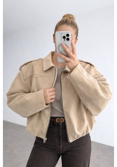 Prifaldi Zr Oversize Bej Süet Bomber Ceket