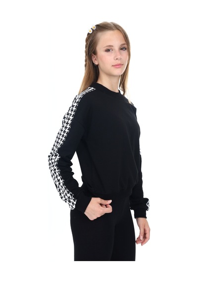 Kız Çocuk Relax Fit Dik Yaka Düşük Omuz Kolu Garnili Sweatshirt - 2 İplik Siyah