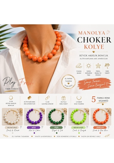 Manolya Büyük Akrilik Boncuk Choker Kolye 5 Renk Turuncu