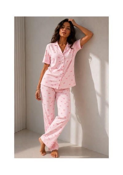 Fit Women Kadın Klasik Doğal Düğme Gece Pembe Pijama Takımı