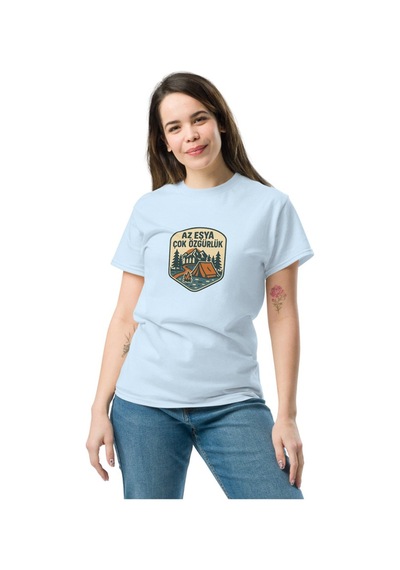 Wildstyle Az Eşya Çok Özgürlük Renkli Kamp Doğa Minimalist Baskılı Unisex Bisiklet Yaka Pamuklu Tişört Bebe Mavi