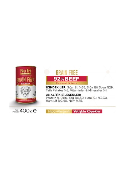 Nutri Canin %92 Sığır Etli Tahılsız Yetişkin Köpek Maması 4 x 400 G