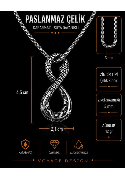 Paslanmaz Çelik Gotik Tarz Yılan Sonsuzluk Kolye Gümüş