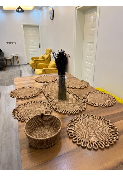 Senza Atelier 8 Parça Jüt Supla Seti - Oval Runner Ve Ekmek Sepeti Dahil Hasır Sofra Takımı