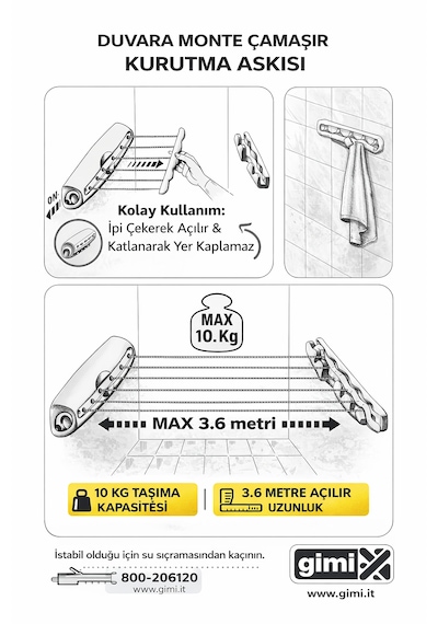 Rotor 6 Duvar Tipi Kurutmalık 21 M Uzunluk, Katlanır Sistem Açık Beyaz