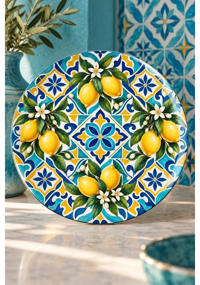 Dekoratif Duvar Tabağı Limonlu Akdeniz Desenleri Dekorlu Seramik Tabak Kırmızı