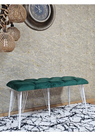 Zafir Metal Beyaz Tel Ayaklı 100 Cm Puf Bench - Puf - Bench - Oturak - Mutfak Oturağı - Antre Oturağı Yeşil