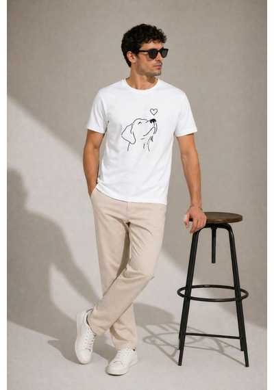 Erkek Köpek Figürlü Minimal Baskılı Tişört Kısa Kol Yazlık T-shirt - Beyaz