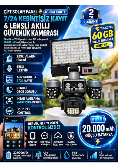 4g Sım Kartlı 4 Lensli Solar Güvenlik Kamerası 20.000mah 360 Ptz 7/24 Kayıt