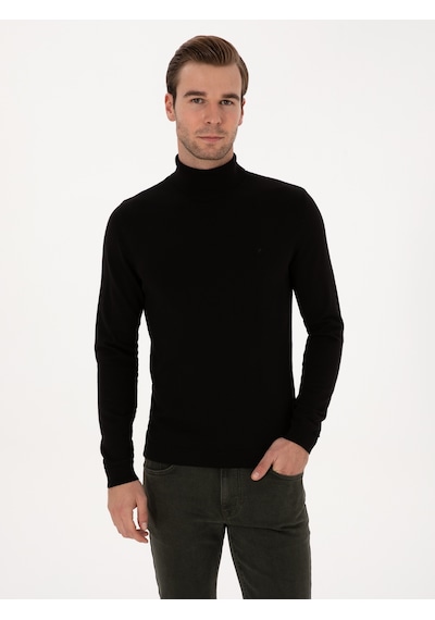 Cacharel Siyah Slim Fit Balıkçı Yaka Pamuk Karışımlı Basic Triko Kazak