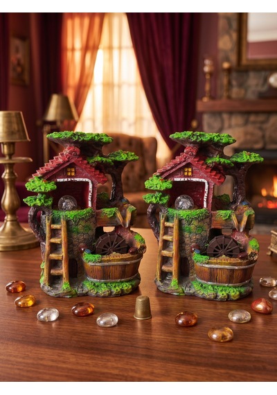 Su Değirmeni Yeşil Doğa Temalı Çatılı Ev Merdivenli Led Işıklı Su Şelalesi Ofis Hediyesi Dekoratif Obje