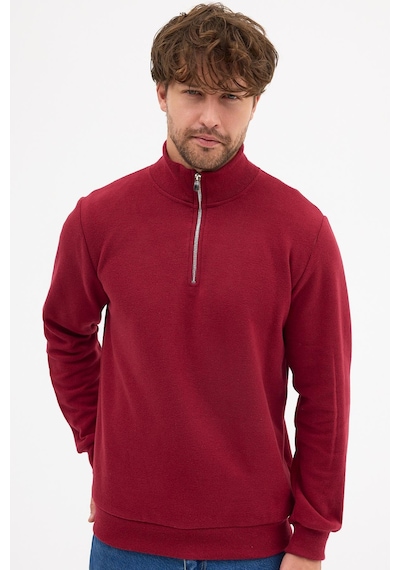 Mmetalic Erkek Bordo Standart Fit Normal Kesim Pamuklu Yarım Fermuarlı Dik Yaka Pamuklu Sweatshirt Bordo
